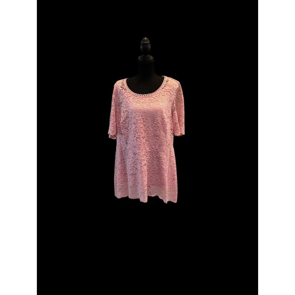 Isaac Mizrahi Live Pink Floral Lace Short Sleeve Tunic Scoop Neck Plus Size 1X